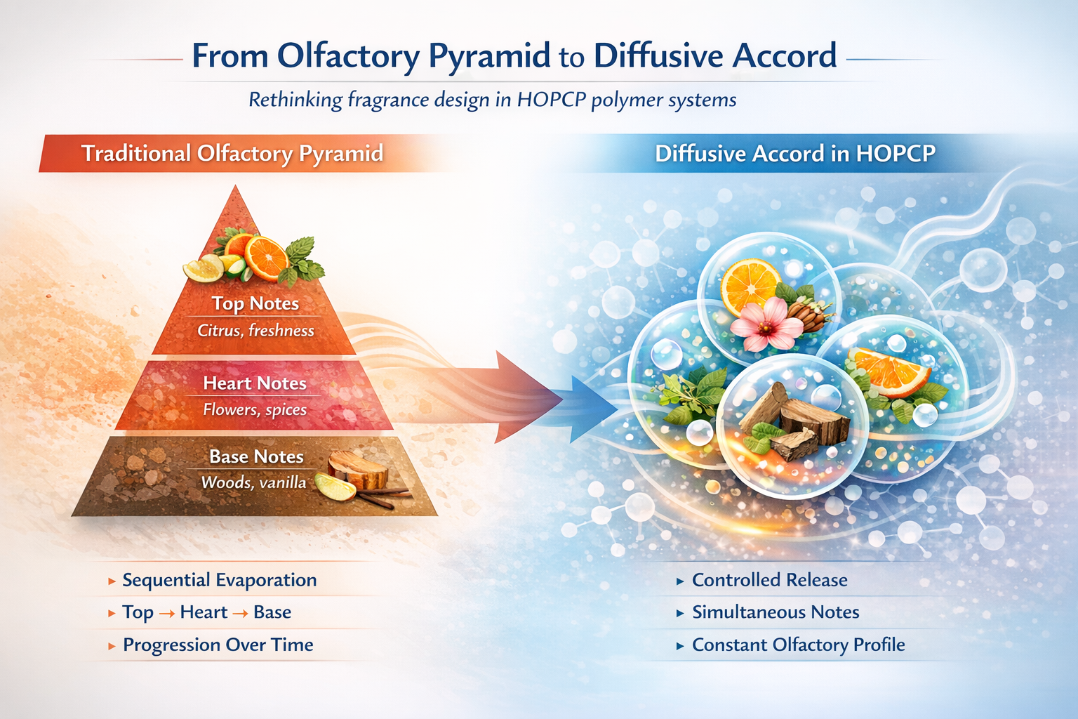 From Olfactory Pyramid to Diffusive Accord in HOPCP® Polymer Systems